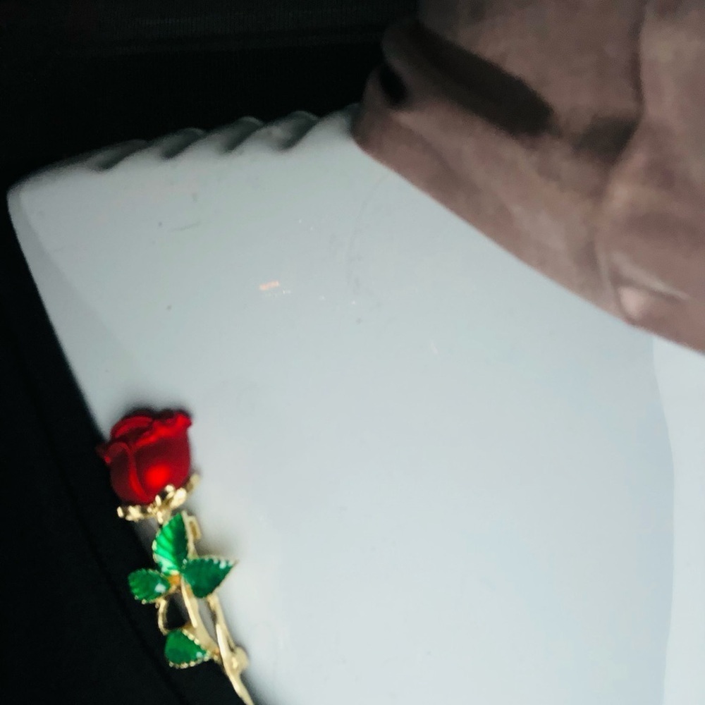 Red Rose Brooch with Green Leaves